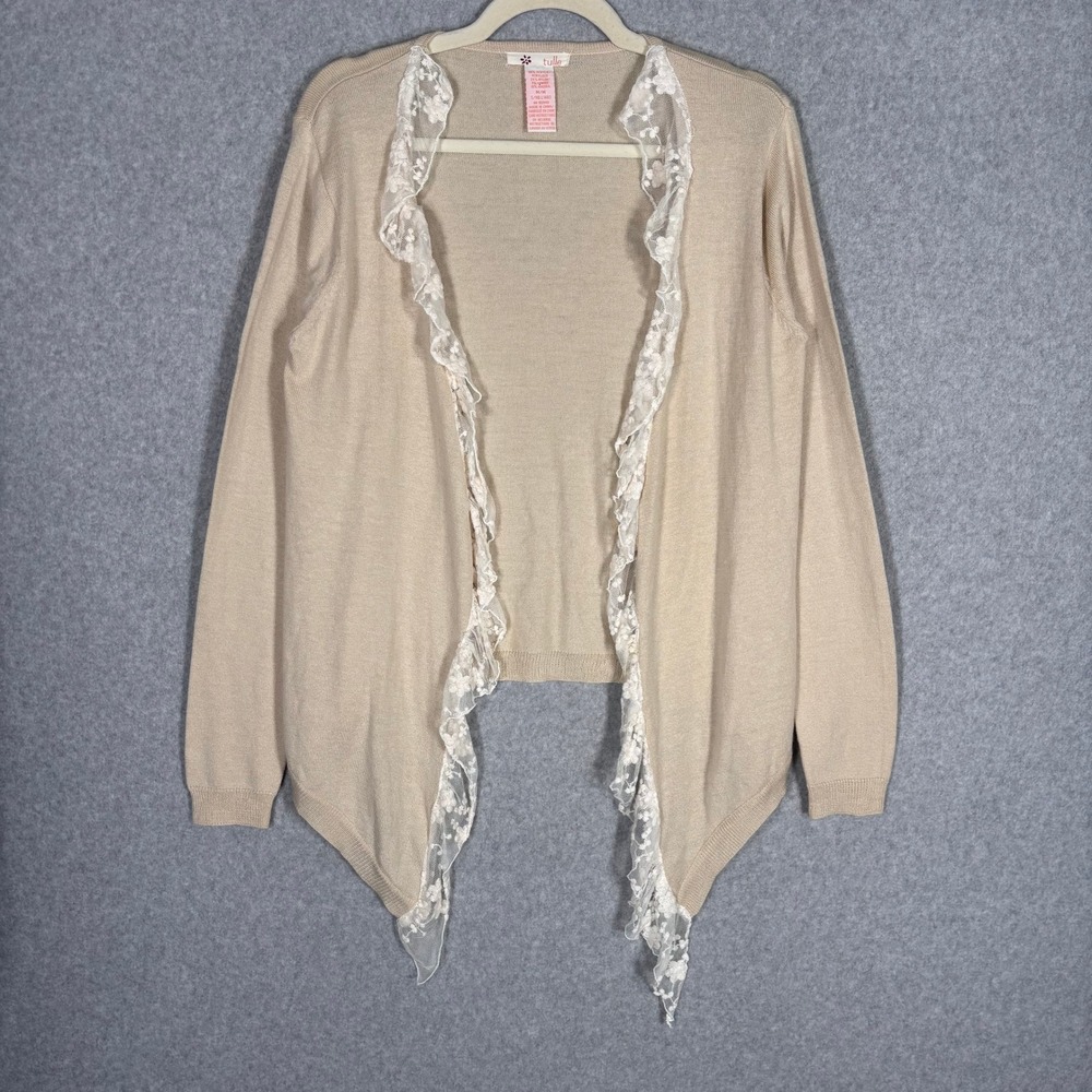 Y2K Tulle Lace Trim Cardigan Sweater Medium Tan Ruffle Angora Blend Coquette